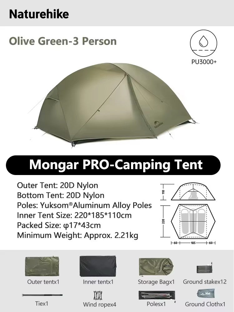 Naturehike-Mongar 2 barraca camping, Ultraleve, Ao ar livre, 3 Temporada, imperm