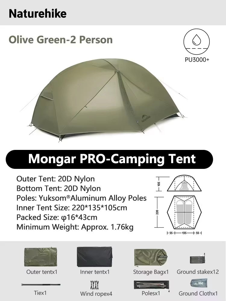 Naturehike-Mongar 2 barraca camping, Ultraleve, Ao ar livre, 3 Temporada, imperm