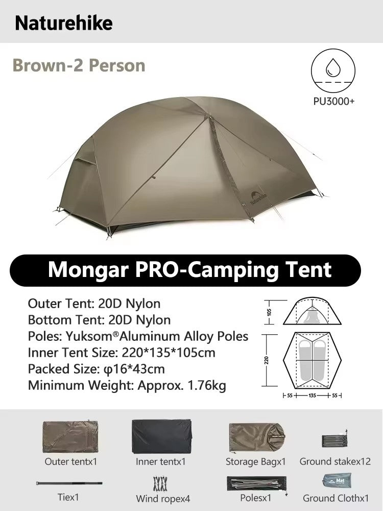 Naturehike-Mongar 2 barraca camping, Ultraleve, Ao ar livre, 3 Temporada, imperm